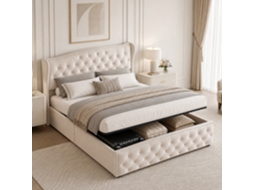 Cama De Casal Estofada 160x200cm Com Espaço De Arrumação, Cama Hidráulica Com Base De Ripas E Cabeceira Almofadada, Veludo, Bege, Simurq