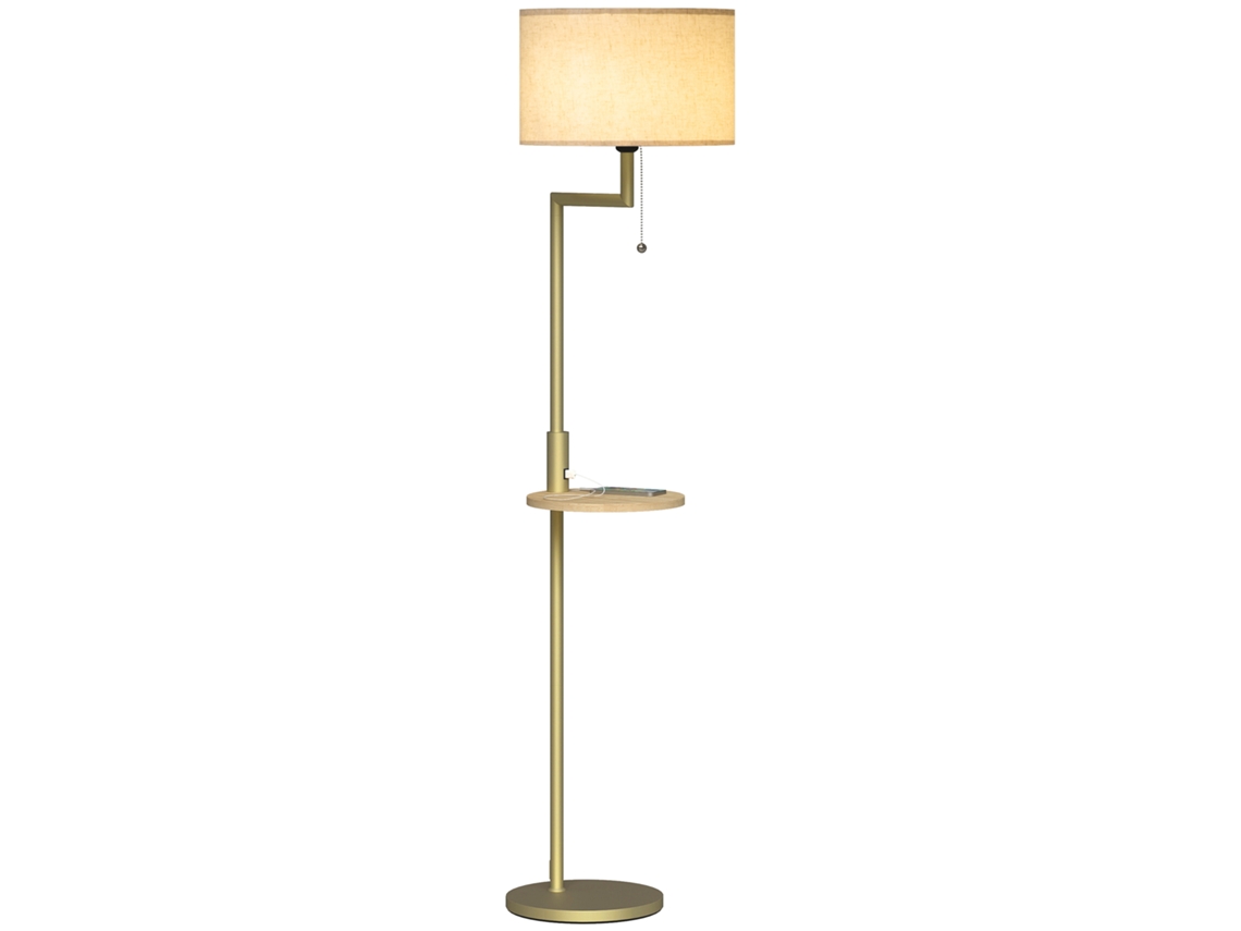 Candeeiro De Pé Com Mesa Auxiliar Lâmpada E27 Máx. 40w Ecrã De Linho Interruptor De Corrente E Carregador Usb Ø40x170 Cm Dourado