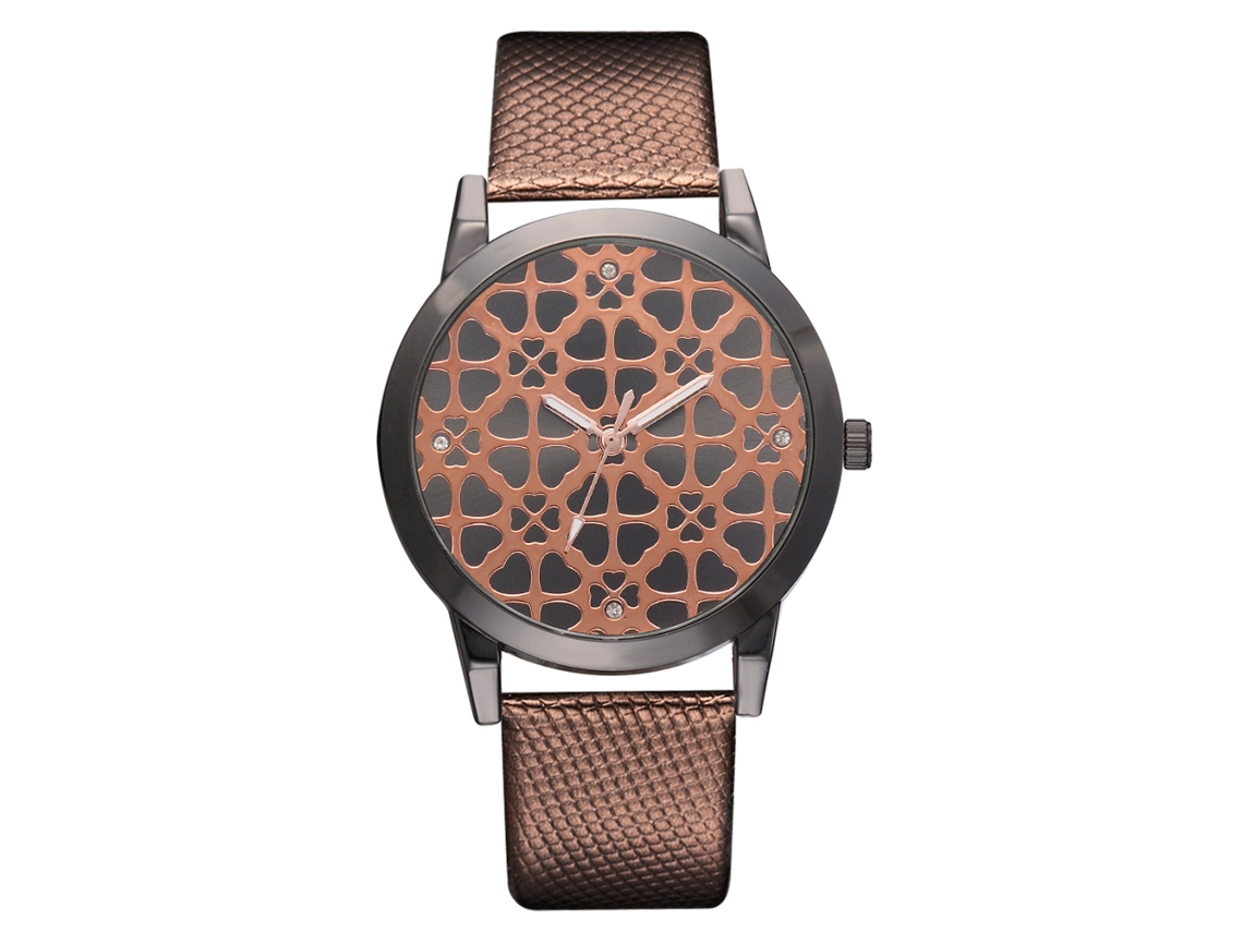 Relógio de Pulso Feminino de Quartzo com Cinta de Pu e Strass Marrom