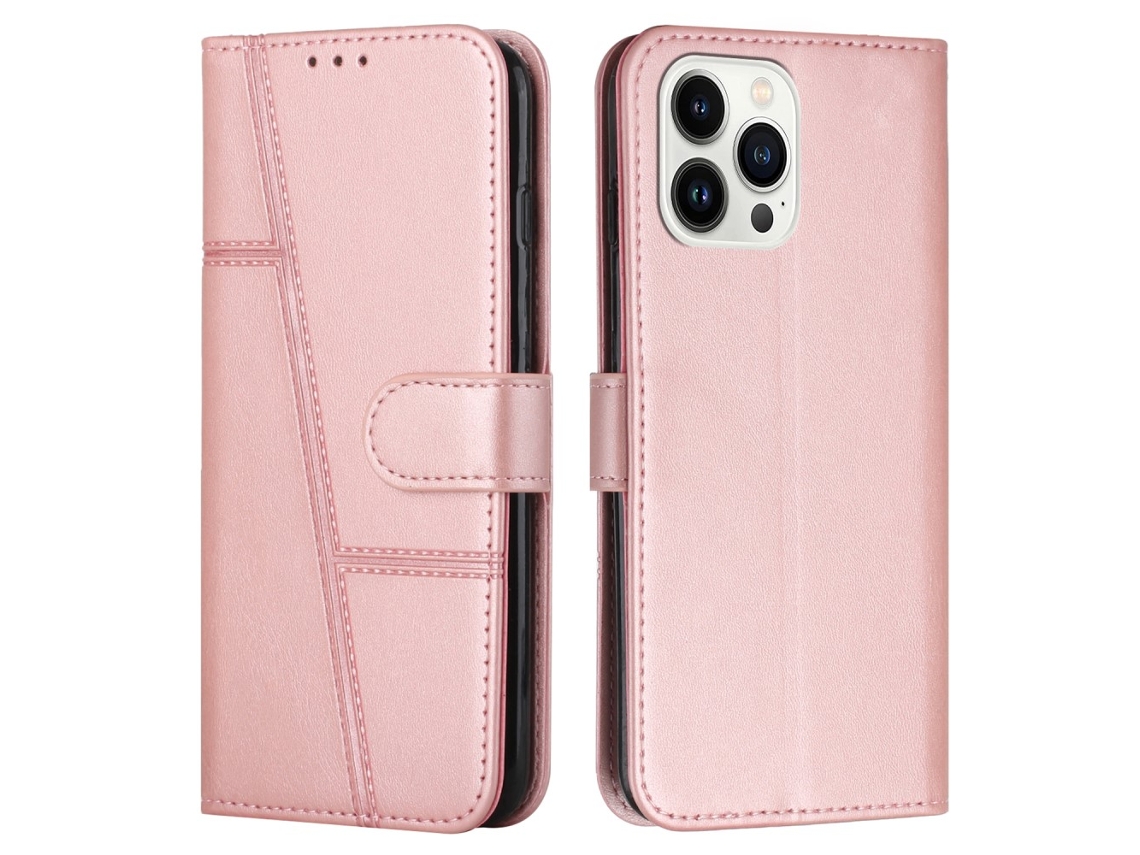 Capa Em Couro Pu, Com Suporte Para Iphone 16 Pro - Ouro Rosa