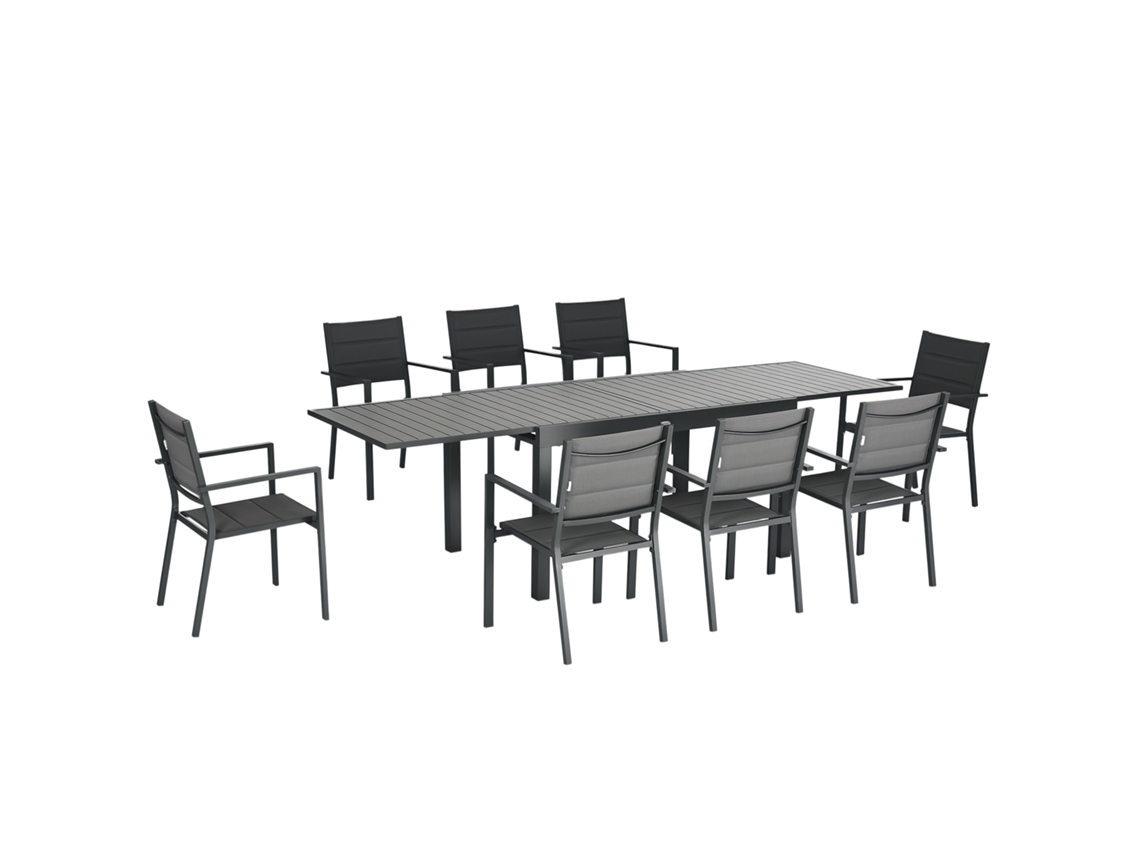 Móveis de Jardim Mesa Extensível 135 270 Cm em Alumínio e Têxtil, 6/10 Pessoas, 8 Cadeiras Empilháveis Cinza Ge