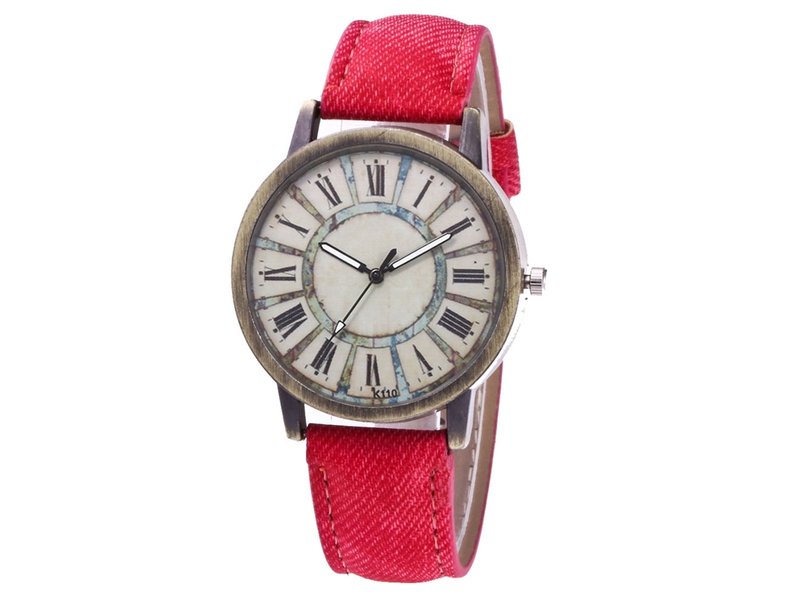 Relógio de pulso unissex Zhoulianfa com movimento de quartzo, pulseira jeans e numerais romanos (rosa e vermelho)