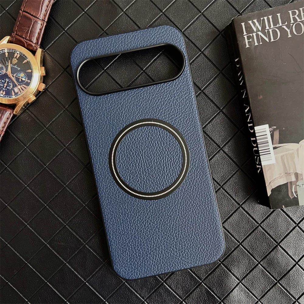 (azul-escuro, Google Pixel 9) Capa De Celular Em Couro Com Textura Litchi, Resistente A Impactos, Carregamento Sem Fio Magnético