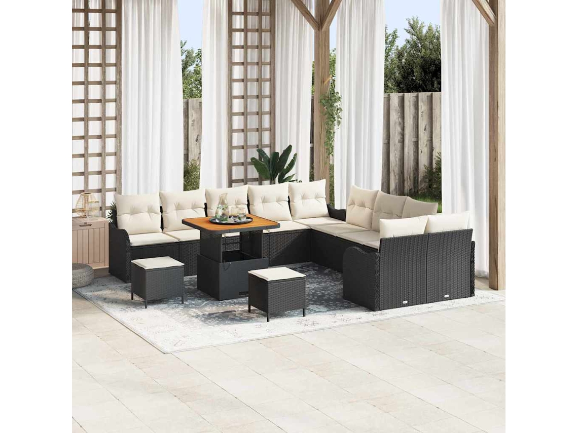 Vidaxl Conjunto De Sofá De Jardim Com Almofada 13 Pcs Preto E Creme