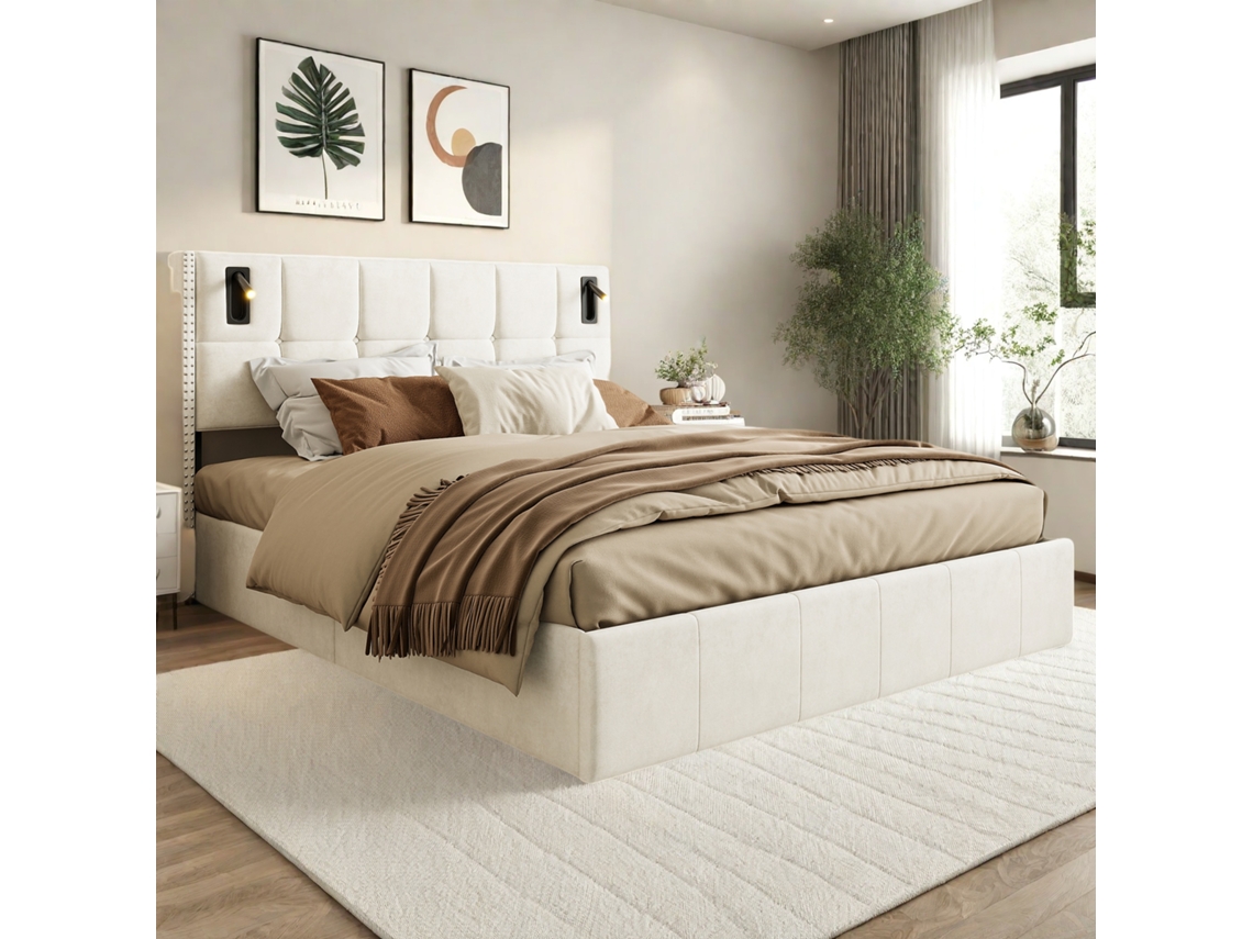 Cama Estofada 160 X 200 Cm, Cama De Casal Com Luz De Leitura, Cama De Armazenamento Hidráulica Com Ripas De Madeira Maciça E Metal, Bege