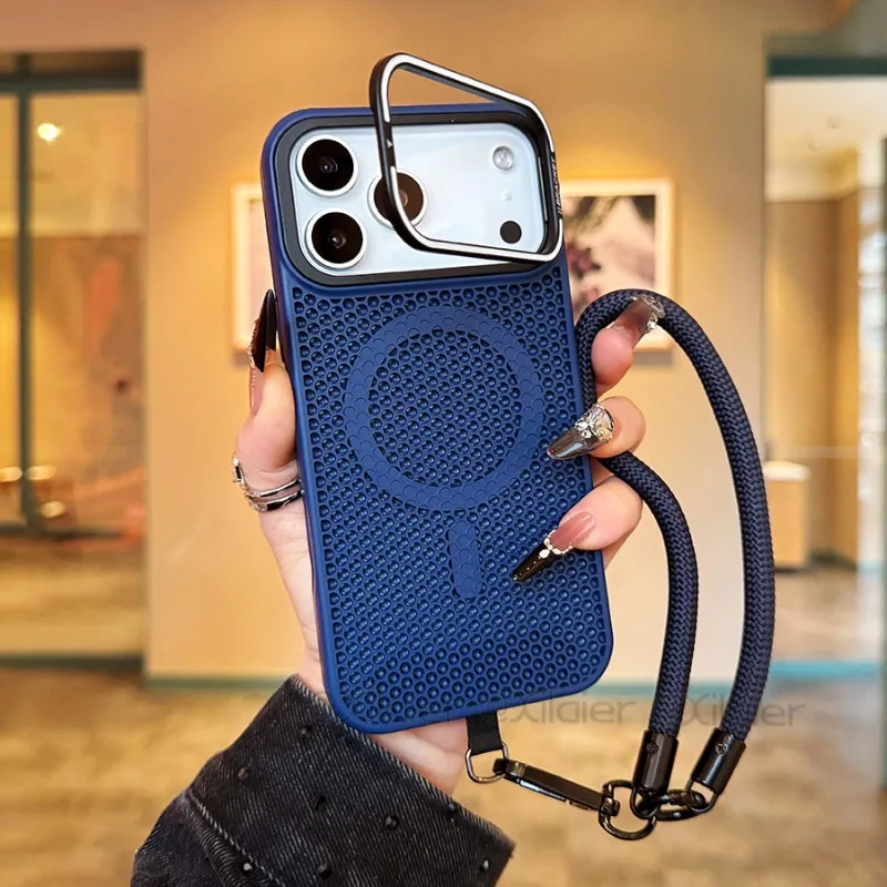 Capa Magnética Para Iphone 14 (azul Escuro) Com Suporte E Alça De Pulso Para Proteção Contra Impactos.