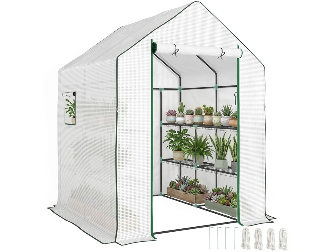 Estufa de Jardim Pequena de 3 Níveis com 6 Prateleiras Porta Enrolável e Capa de Pe 140x143x190cm Branco BTFORUS