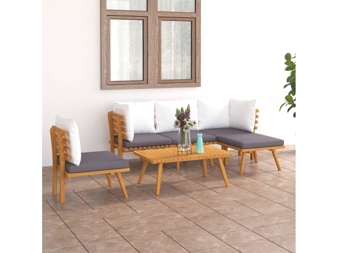 Vidaxl 6 Pcs Conjunto Lounge De Jardim Com Almofadões Acácia Maciça