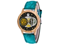 Relógio de Pulso Unisex de Quartzo com Pulseira de Jean Padrão Lua Sol Cor Verde