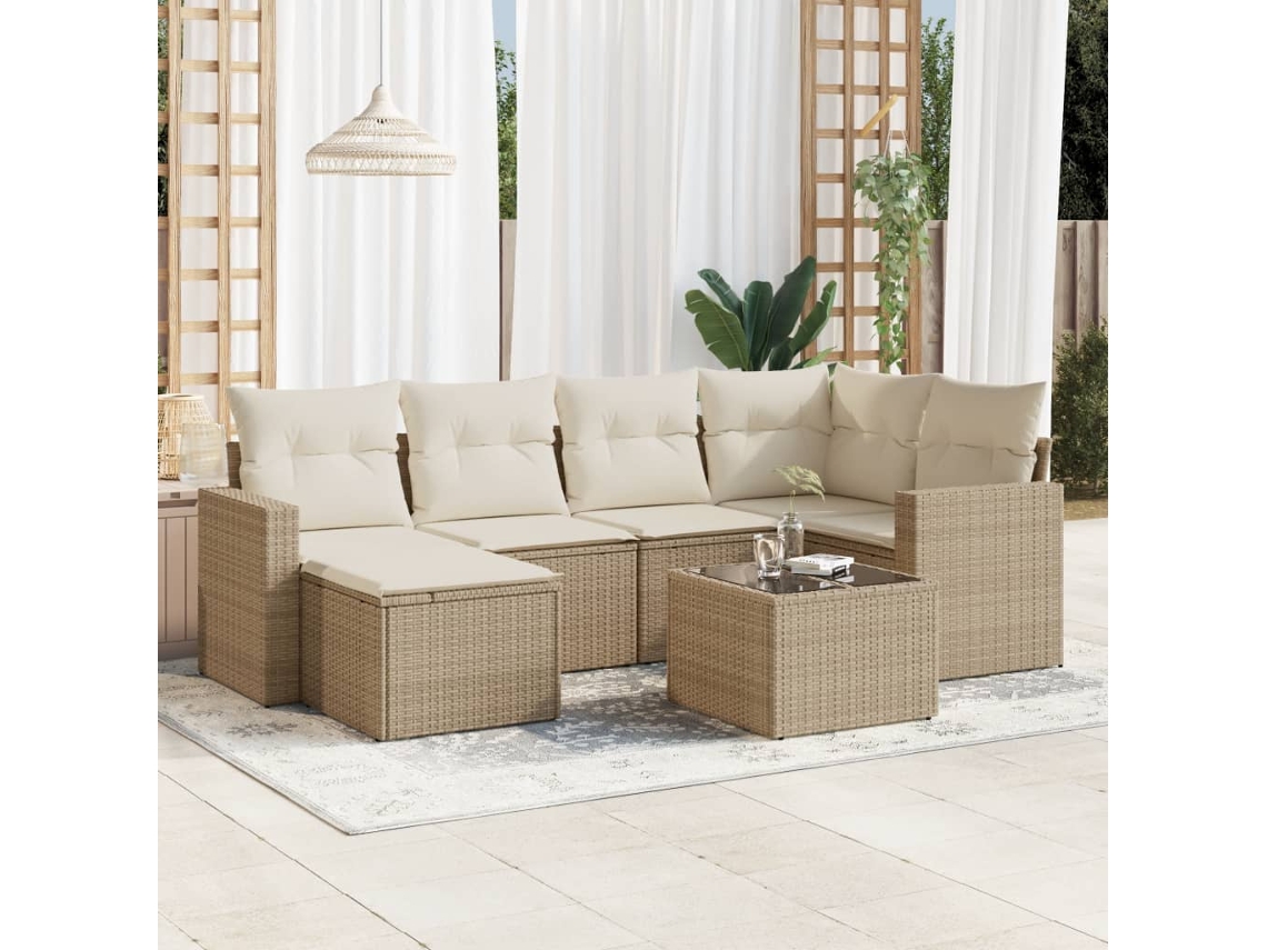 Vidaxl 7 Pcs Conjunto De Sofás P/ Jardim Com Almofadões Vime Pe Bege