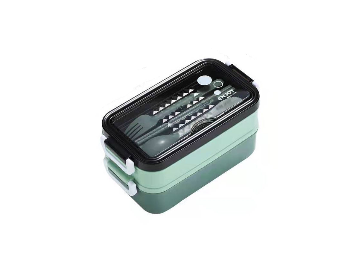 Lancheira de Dupla Camada, 1400ml, Portátil, Própria para Micro ondas, com Divisórias, Inclui Colher, Etc. MDUG (verde)