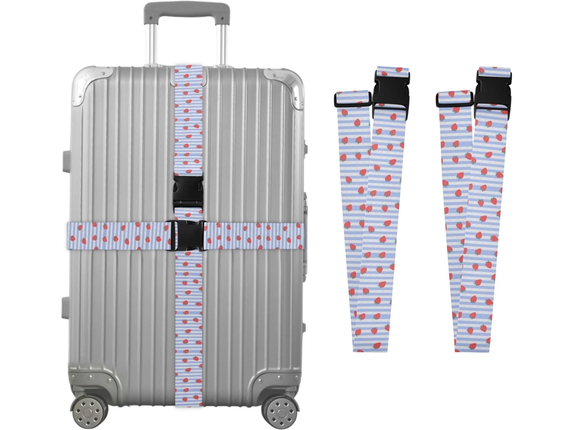 Conjunto De 2 Cintas Bagagem Com Estampa Morango Listradas Em Azul, Ideais Para Malas De Viagem Cintas Ajustáveis E