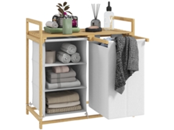 Cesto Portabiancheria com 2 Sacos Extraíveis,alças e Prateleira em Bambu,70x36x70 Cm,branco BTFORUS