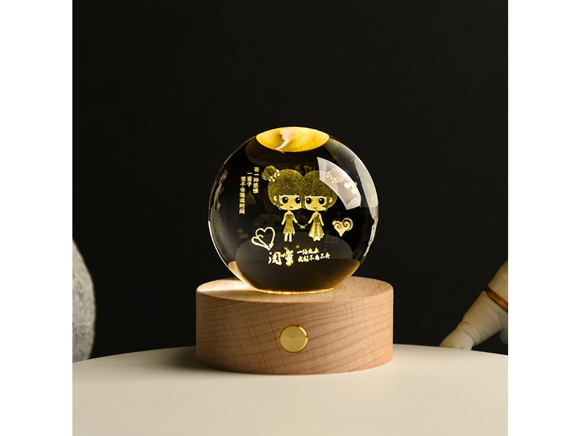Luminária Noturna Led Personalizada Em Formato De Bola Cristal 3d Gravada Com O Nome Da Sua Melhor Amiga. 8 Cm+ Base Luz Quente 7 Cm, Alimentação Usb