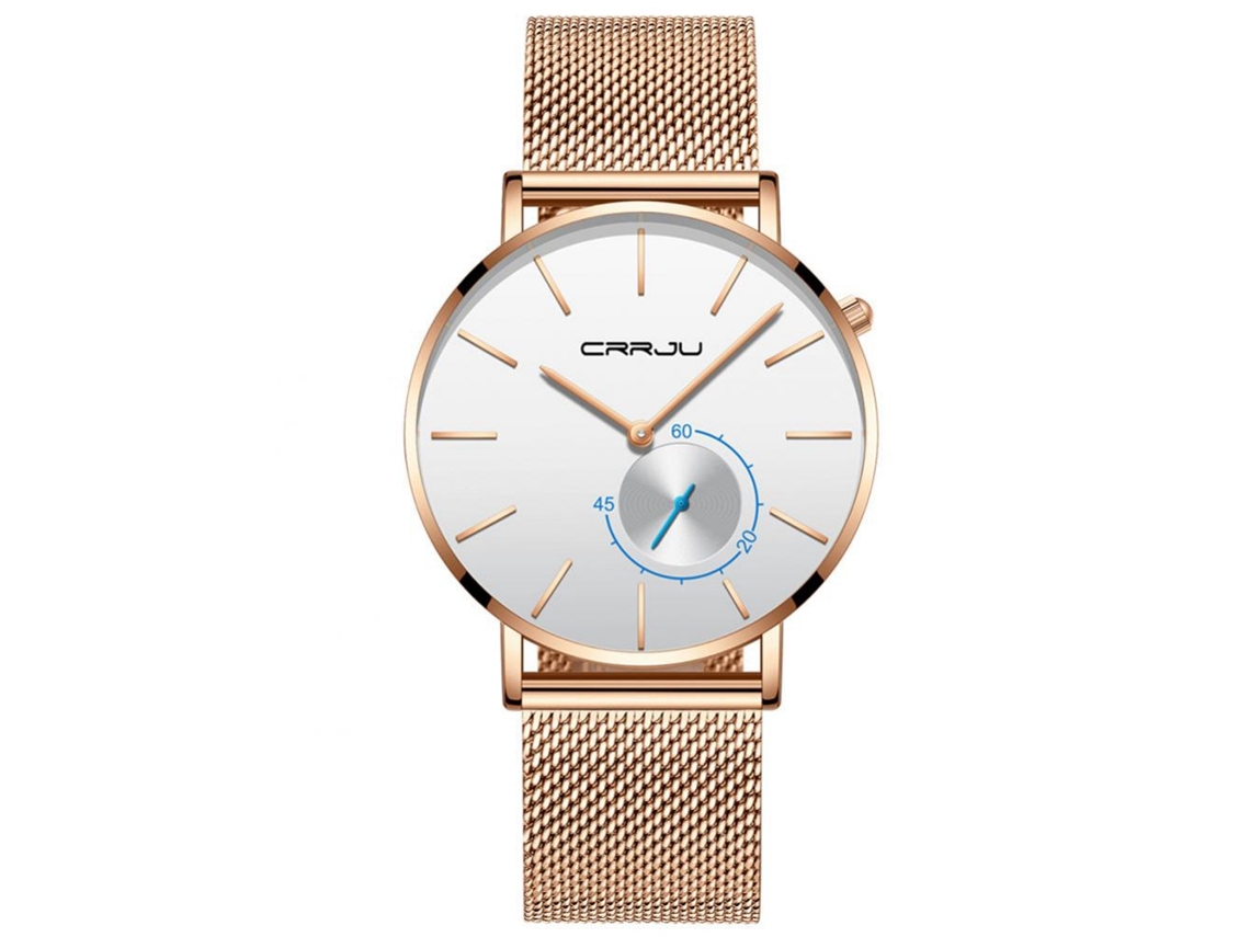 Relógio de pulso analógico Crrju vermelho, rosa e branco com pulseira de liga metálica.