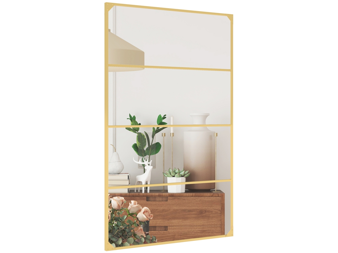 Espelho Parede Retangular 109x69cm Com 4 Ganchos, Estilo Industrial Em Metal Dourado