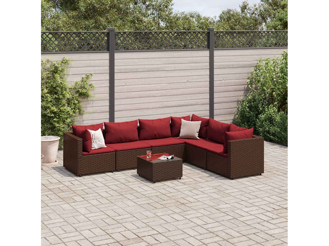 Vidaxl 7 Pcs Conjunto Lounge De Jardim C/ Almofadões Vime Pe Castanho