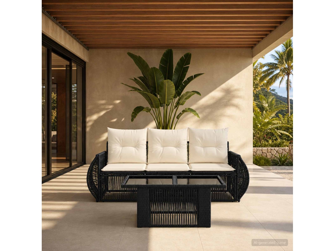 Vidaxl Conjunto De Sofá De Jardim 4 Unid. Preto E Branco Creme Vime Pe