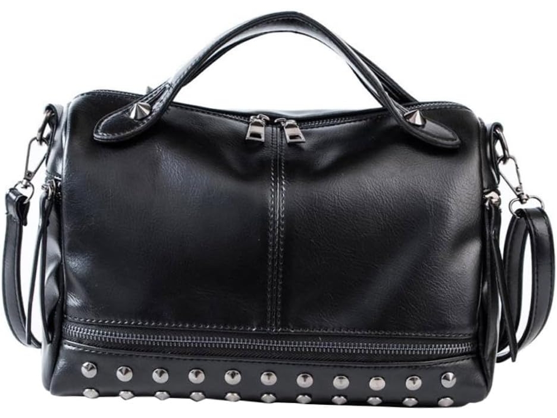 Bolsa De Ombro Feminina Com Tachas, Leve, Em Couro Pu Preto, Bolsa Versátil Para Guardar Seus Pertences Em Passeios E Na Praia.