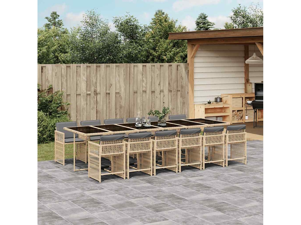 Vidaxl 13 Pcs Conj. Jantar Jardim C/ Almofadões Vime Pe Bege Misturado