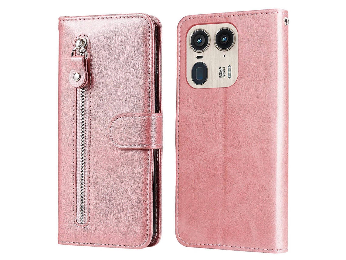 Capa Tipo Carteira Com Zíper Para Motorola Edge 50 Ultra 5g / Moto X50 Ultra 5g, Capa De Couro Pu Com Textura De Bezerro, Rosa