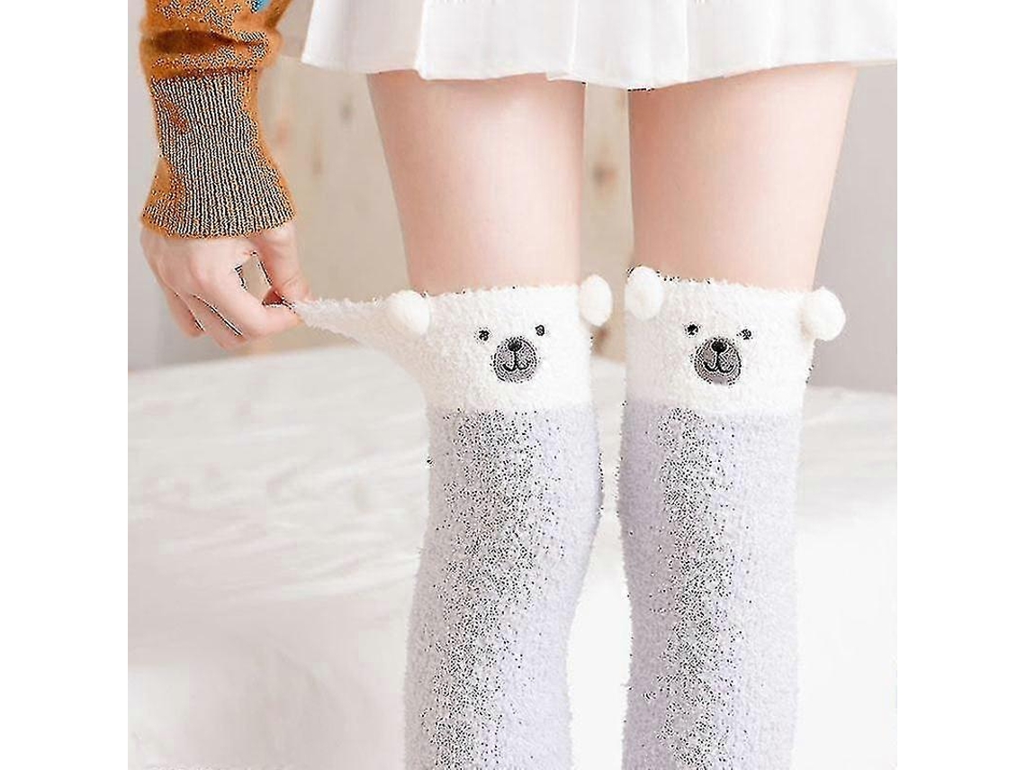 Meias De Lã Coral Macia Até O Joelho, Ideias Para O Inverno, Para Meninas E Mulheres. Meias Listradas Com Estampas De Animais Flufos E Desenhos Animados