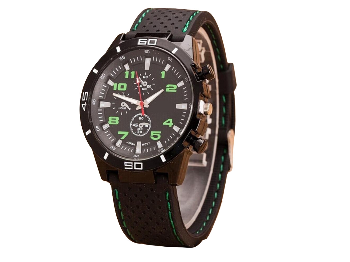 Relógio masculino moderno com pulseira de silicone, mostrador redondo e movimento analógico de quartzo (verde)