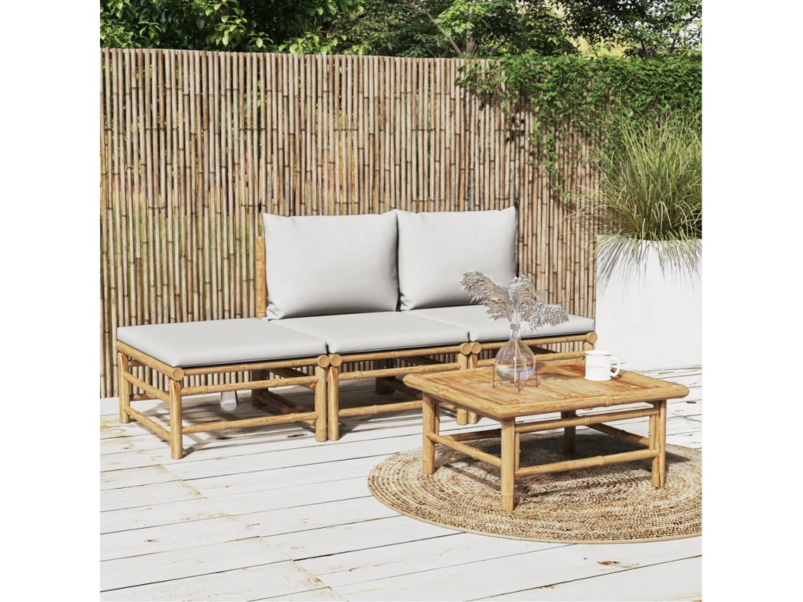Vidaxl 4 Pcs Conj. Lounge De Jardim Bambu C/ Almofadões Cinzento-claro