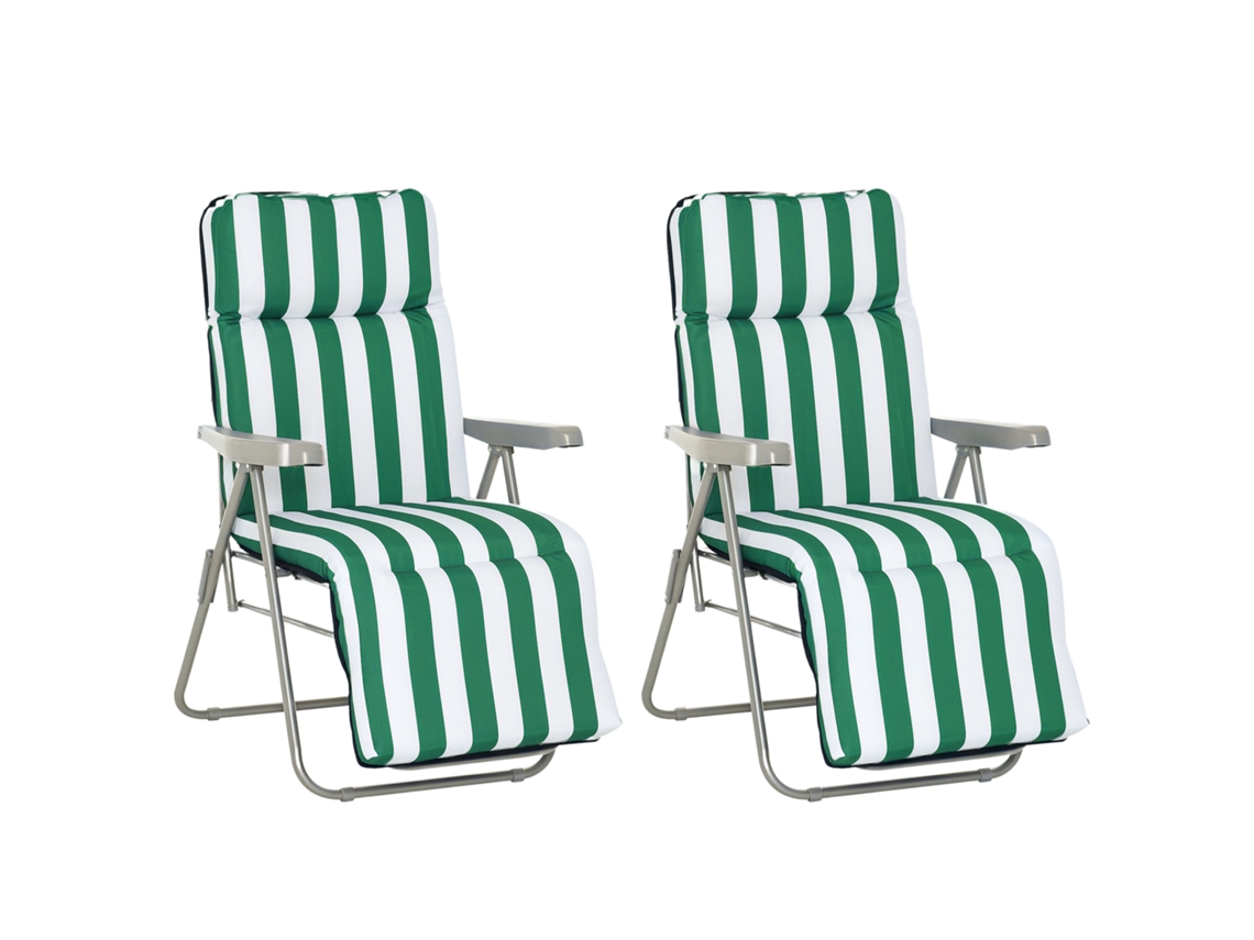 Conjunto 2 Espreguiçadeiras Dobráveis Jardim Aço Almofada Acolchoada Encosto 5 Posições E Apoio Pés Verde Branco