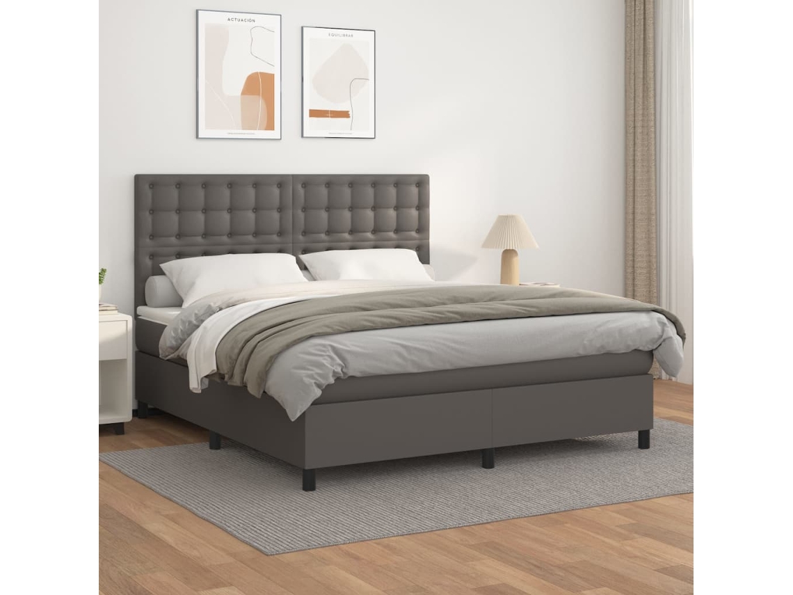 Vidaxl Cama Com Molas/colchão 160x200 Cm Couro Artificial Cinzento