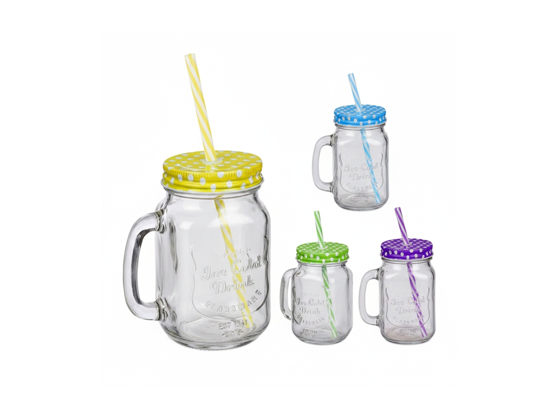Copos Relaxdays Com Tampa E Palhinha, Conjunto De 4 Copos De Verão, 500 Ml, Copos Retro Coloridos Com Pega