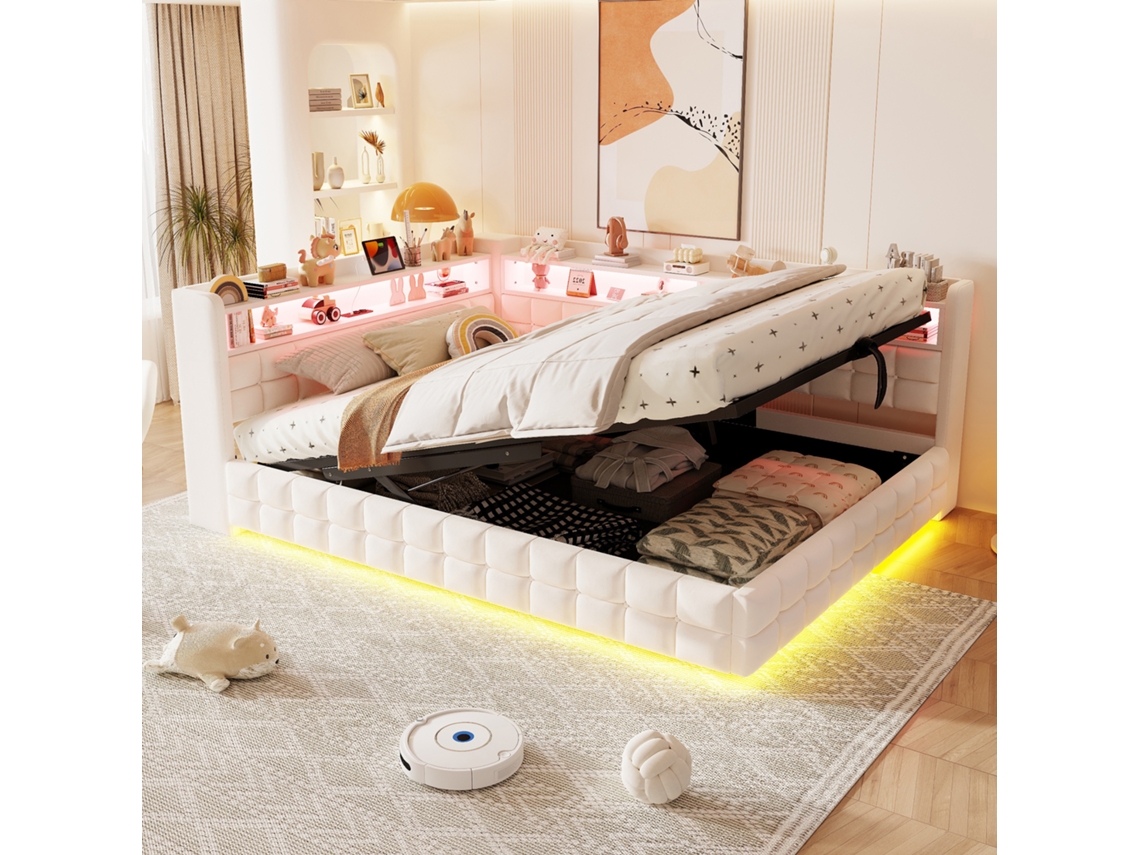 Cama Estofada Veludo Bege 140x200 Cm