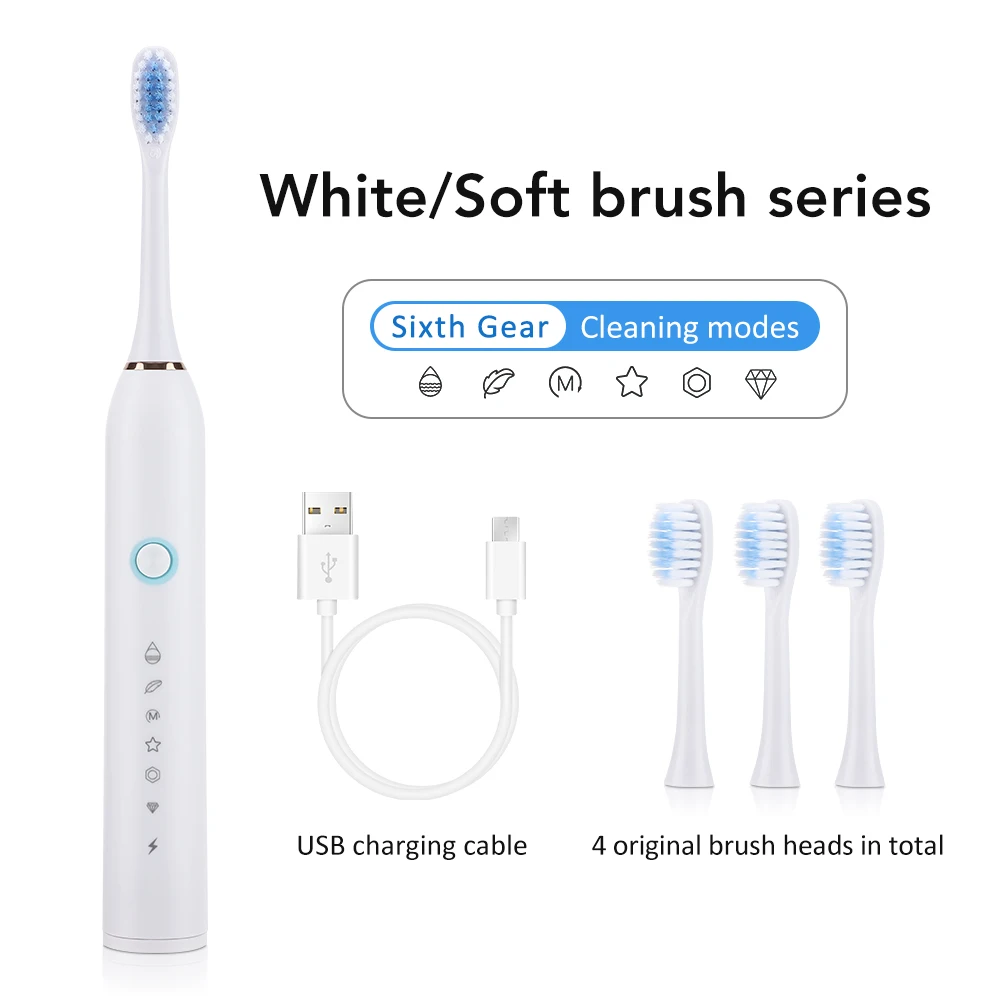 (branco) Escova De Dentes Elétrica Ultrassónica Com 6 Modos: À Prova De Água (ipx67), Cerdas Macias, Carregamento Usb