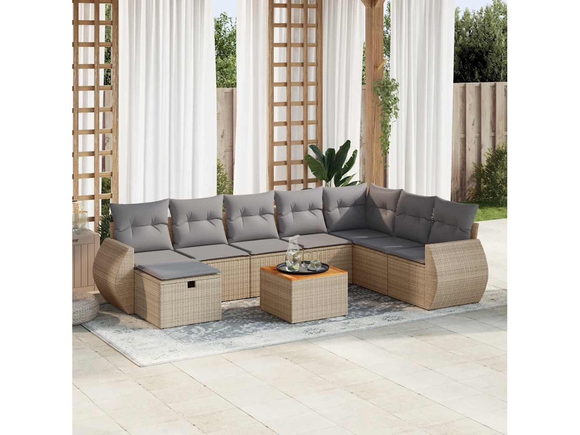 Vidaxl 9 Pcs Conjunto De Sofás P/ Jardim Com Almofadões Vime Pe Bege