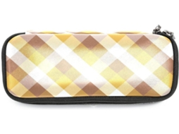 Estojo Grande Lápis, Marrom, Amarelo E Branco, Com Estampa Xadrez, Ideal Escola, Escritório, Adultos, Meninas