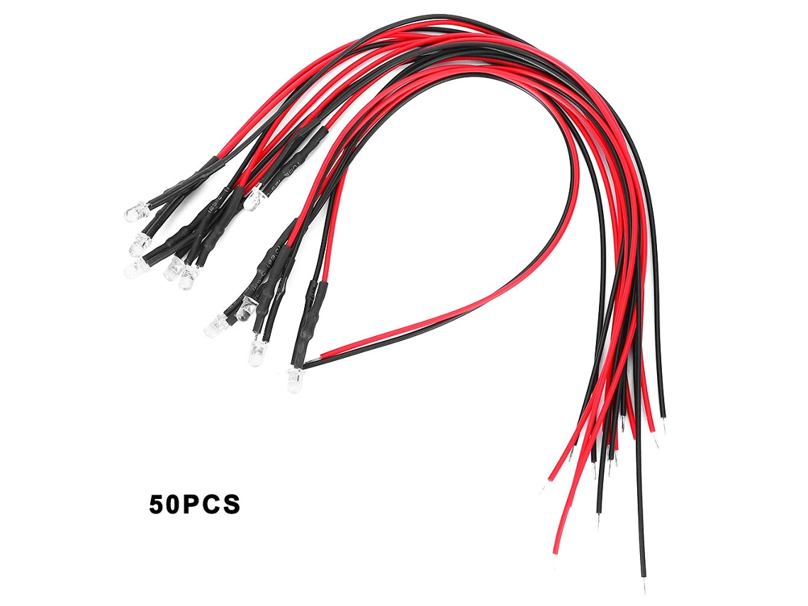 50 Peças de Diodo Led com Fio de Cabeça Redonda Brilhante 12v 3mm Conexão Direta