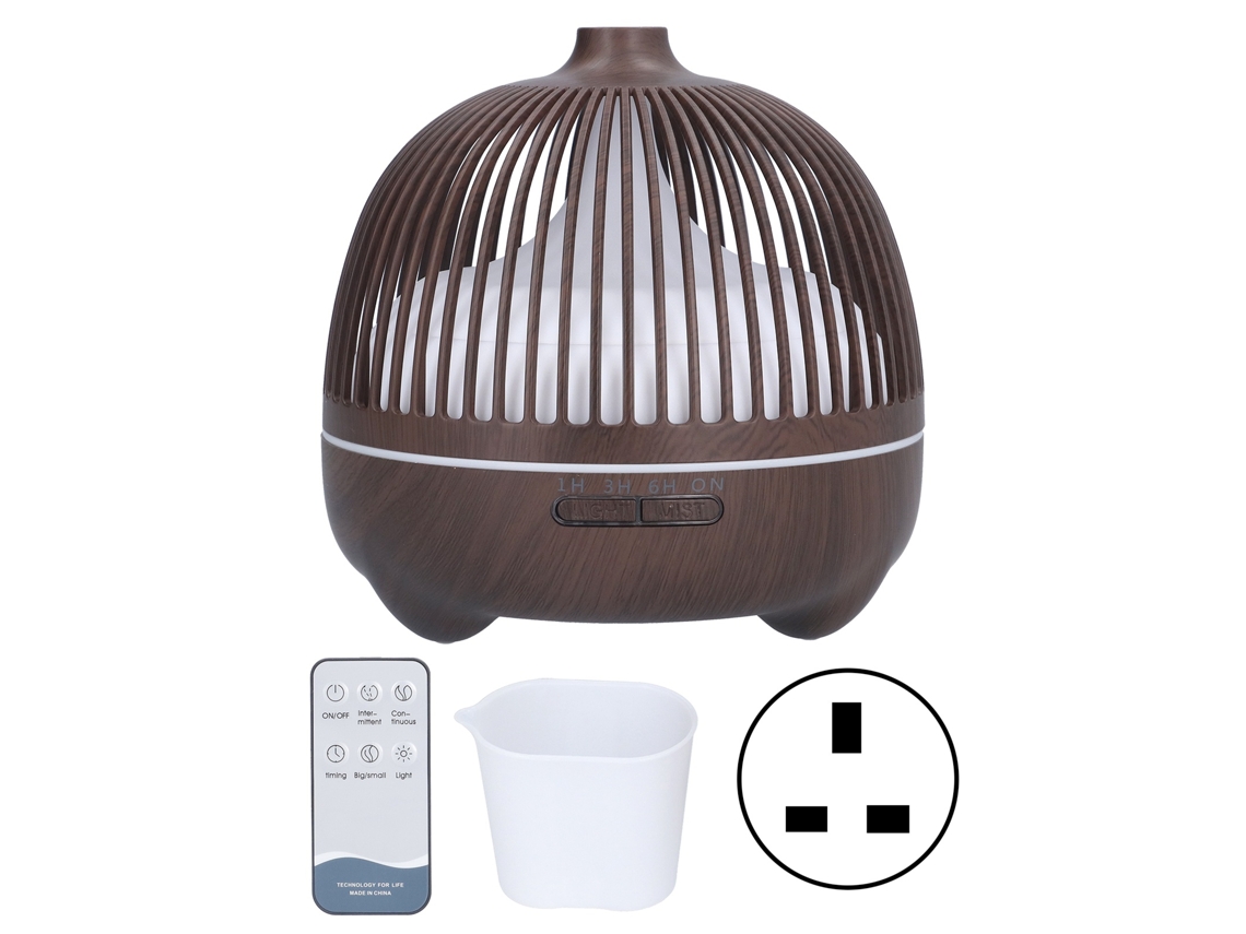 Ultrassônico com Difusor de Aromas Controle Remoto Luz RGB Tanque 500ml Madeira Escura UK S/MARCA