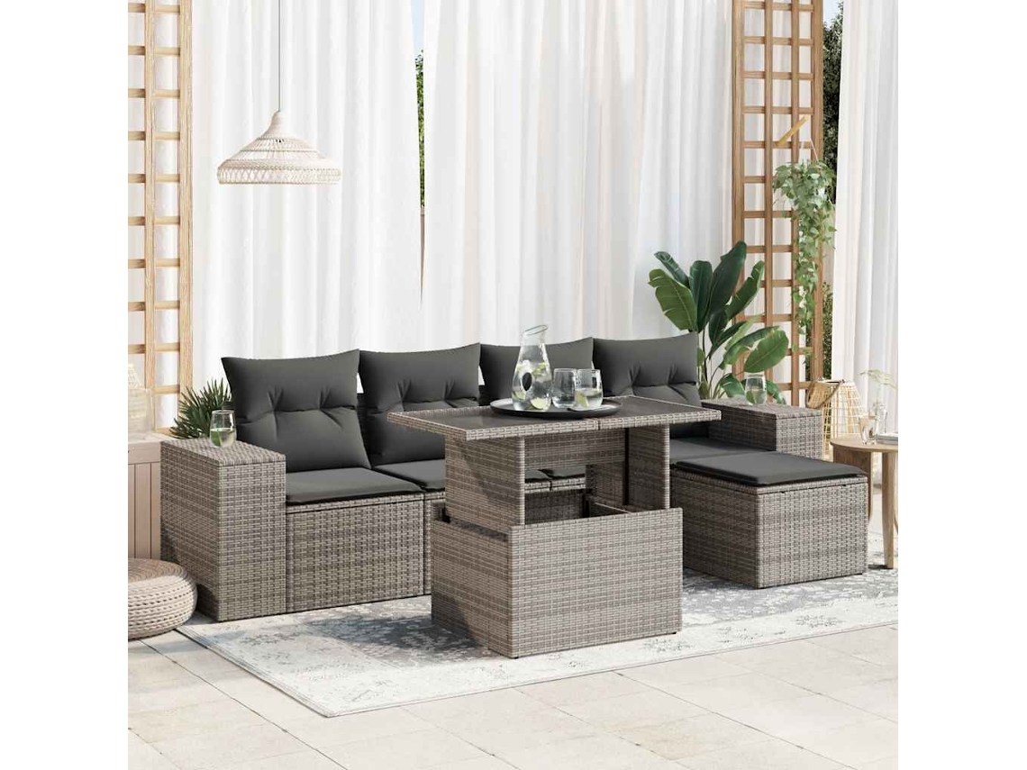 Vidaxl 6 Pcs Conjunto Sofás De Jardim Com Almofadões Vime Cinzento