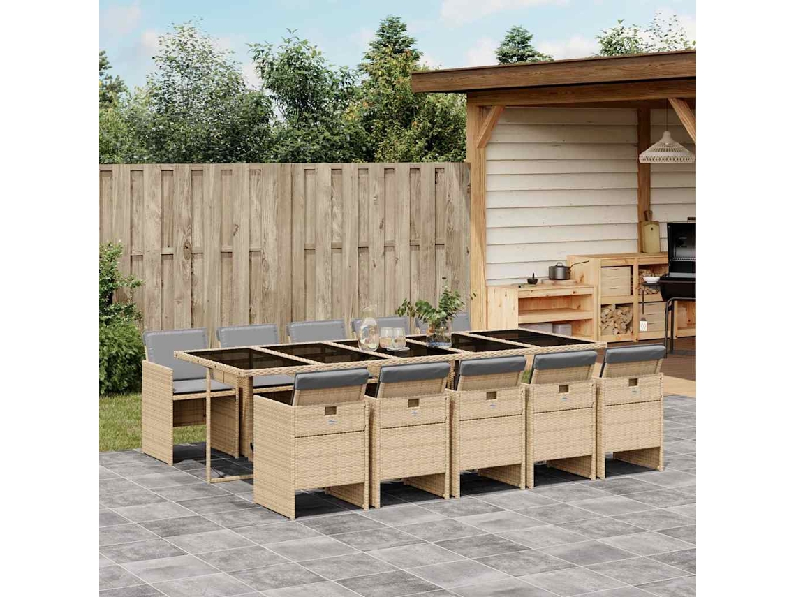 Vidaxl 11 Pcs Conj. Jantar Jardim C/ Almofadões Vime Pe Bege Misturado