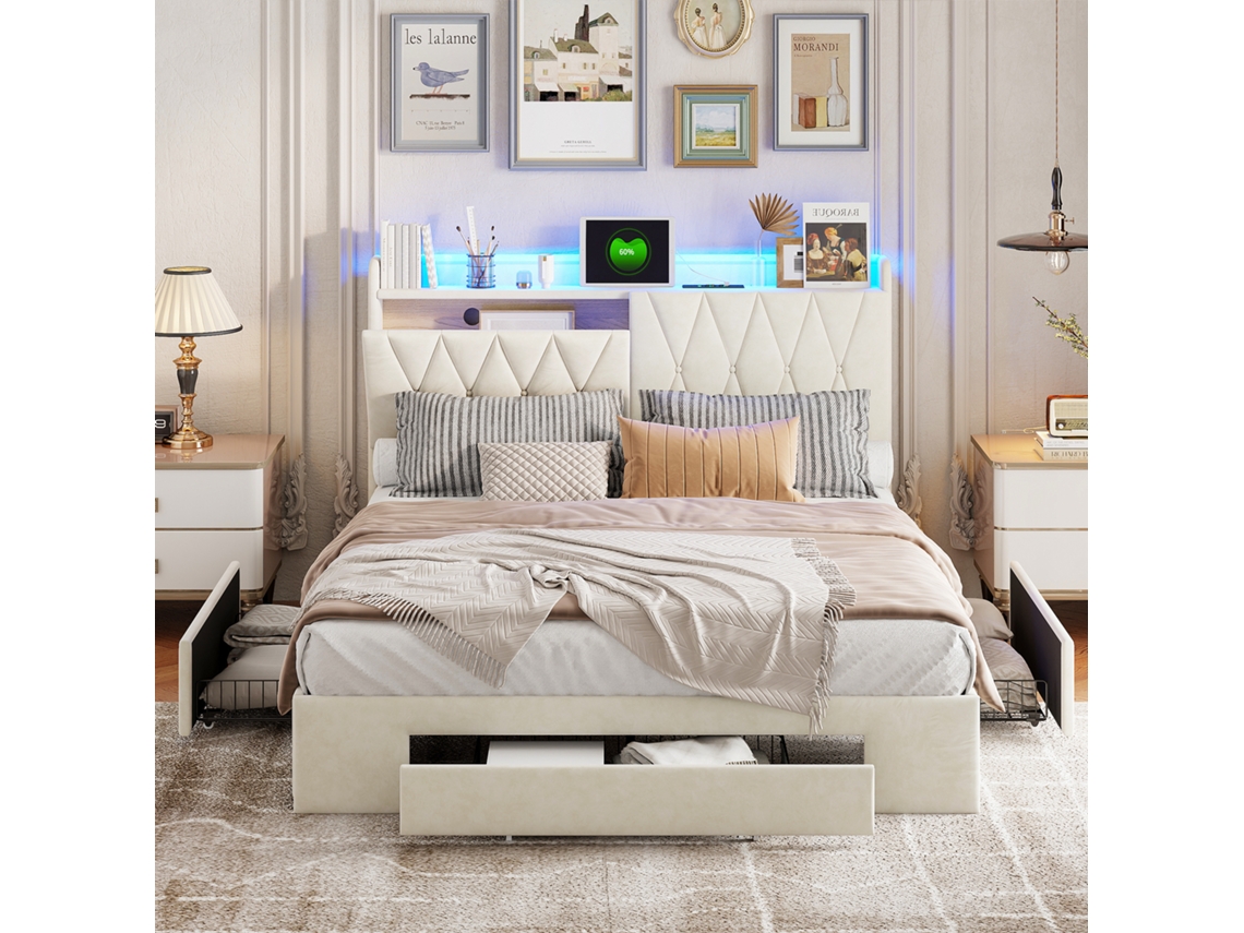 Cama De 160 X 200 Cm Com Led E Usb, Cama De Casal Estofada Com 3 Gavetas, Cabeceira Com Espaço De Arrumação, Em Veludo, Para Adultos E Adolescentes.