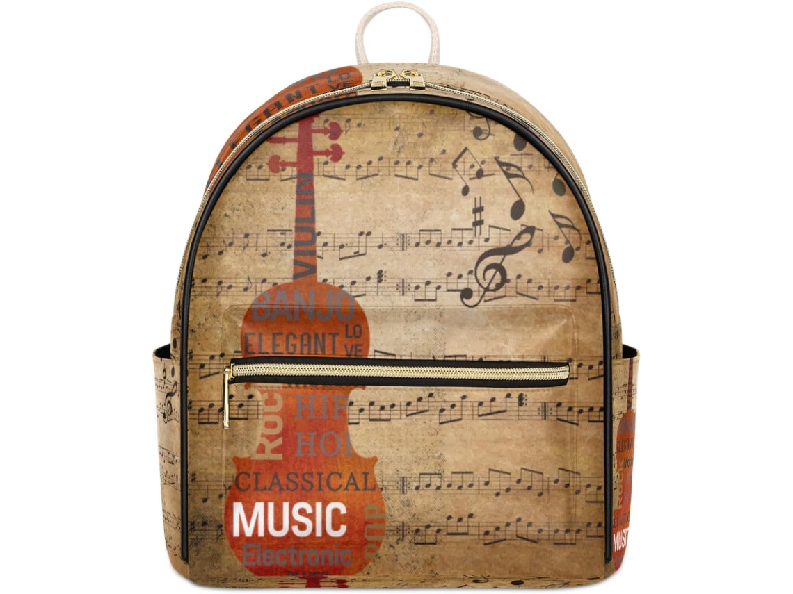 Mochila Tropicallife em couro com estampa de notas musicais de violino para mulheres, à prova d'água.