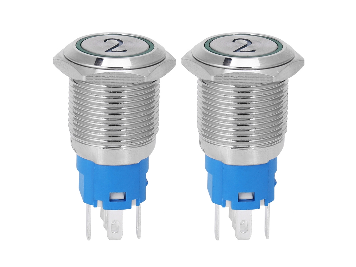 Interruptor De Pressão De Metal Com Luz 5 Pinos Auto-reset 16mm 12vdc Verde Símbolo Número 2 2pcs