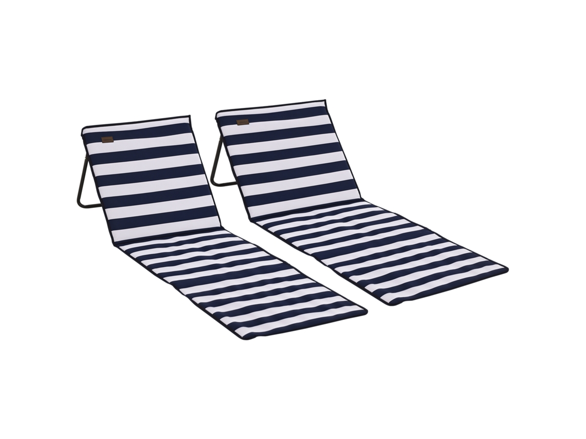 Conjunto De 2 Esteiras De Praia Dobrável Esteiras Acolchoadas Com Encosto Reclinável 142x51x40 Cm Branco E Azul, Struttura Resistente Per Uso Duraturo