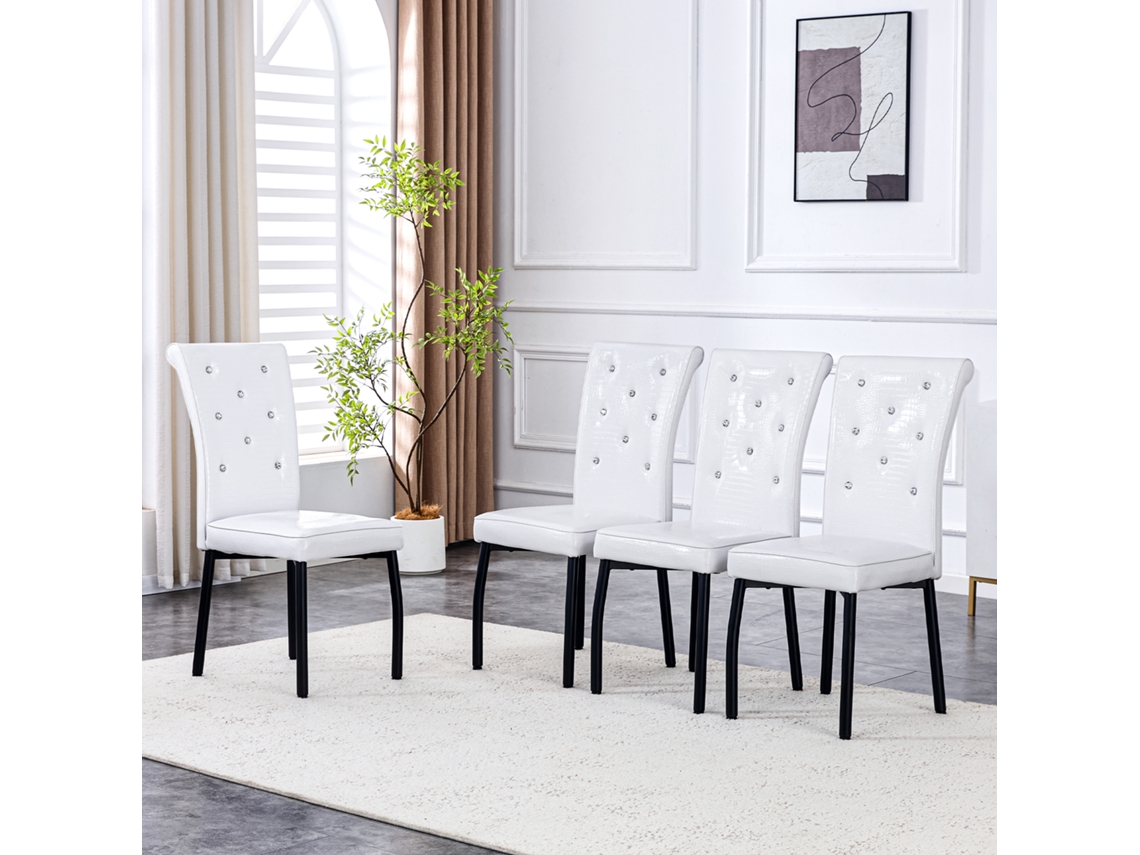 Conjunto De 4 Cadeiras Macias Em Croco Retrô, Branco E Preto, Com Fecho De Cristal E Couro Sintético, Adicionando Elegância À Sala De Jantar.