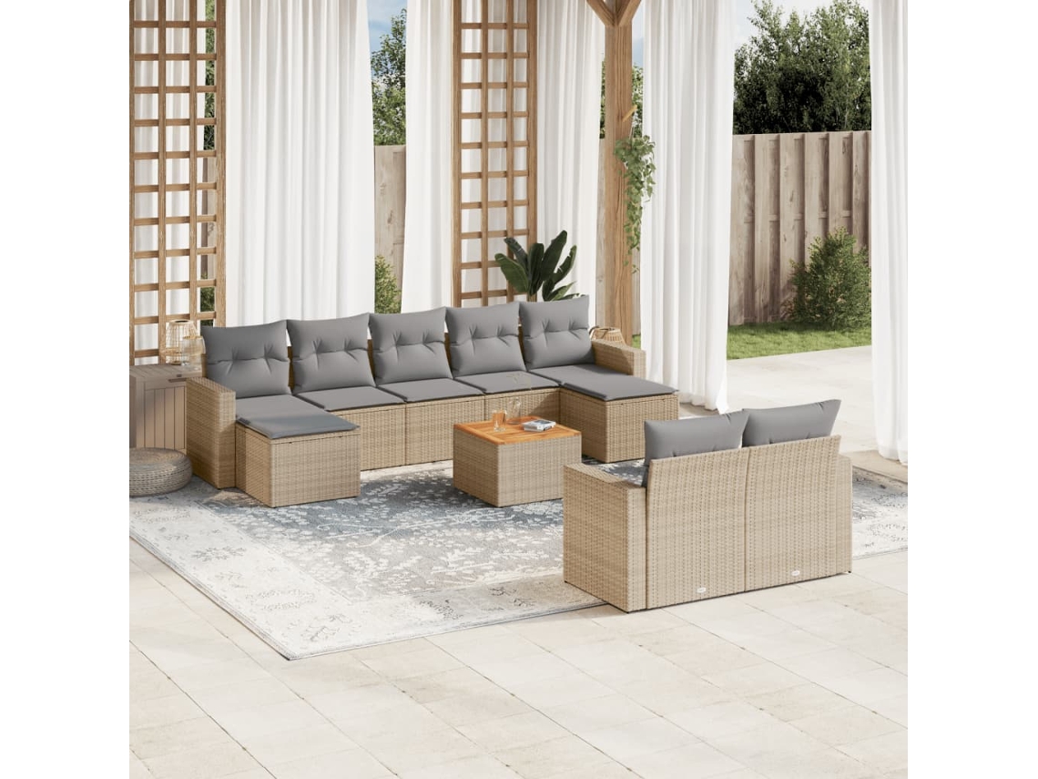 Vidaxl 10 Pcs Conjunto De Sofás P/ Jardim Com Almofadões Vime Pe Bege