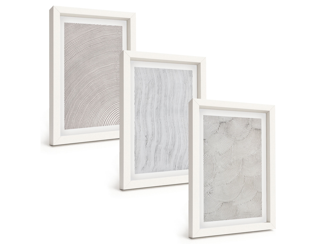 Conjunto De Pinturas Padrões De Areia, Estruturas Geométricas Moldura Branca Quadros Para A Sala De Estar Espelharte (3 Peças 20x30 Cm)
