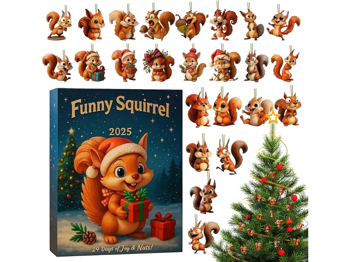 Calendário De Contagem Regressiva De Natal- 24 Dias Em Acrílico Plano- Com Pingentes Temáticos De Esquilo,