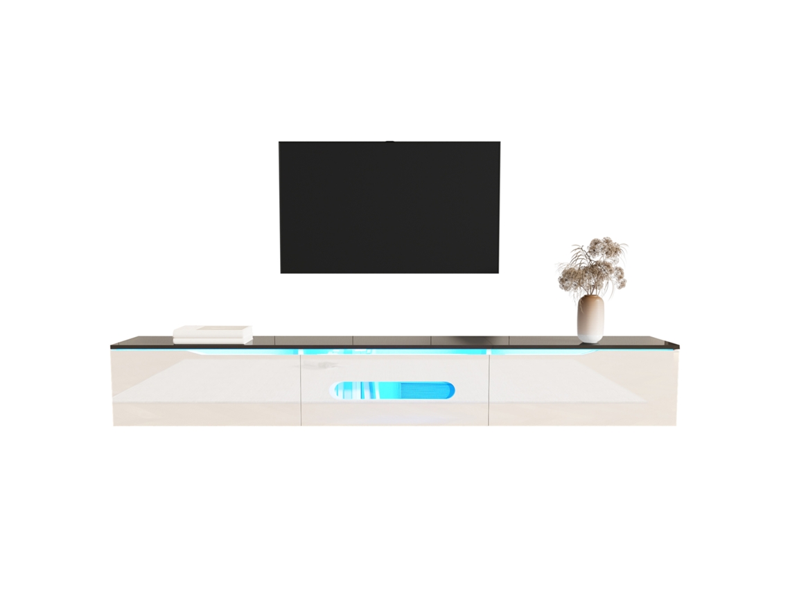 Móvel De Tv Preto E Branco 180 Cm,superfície Brilhante,iluminação Led 16 Cores,montável Na Parede