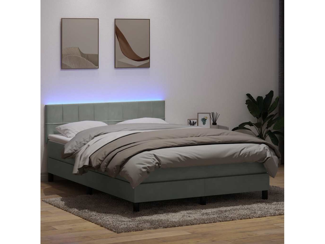 Vidaxl Cama Box Spring C/ Colchão E Led 160x220 Cm Veludo Cinzento-claro