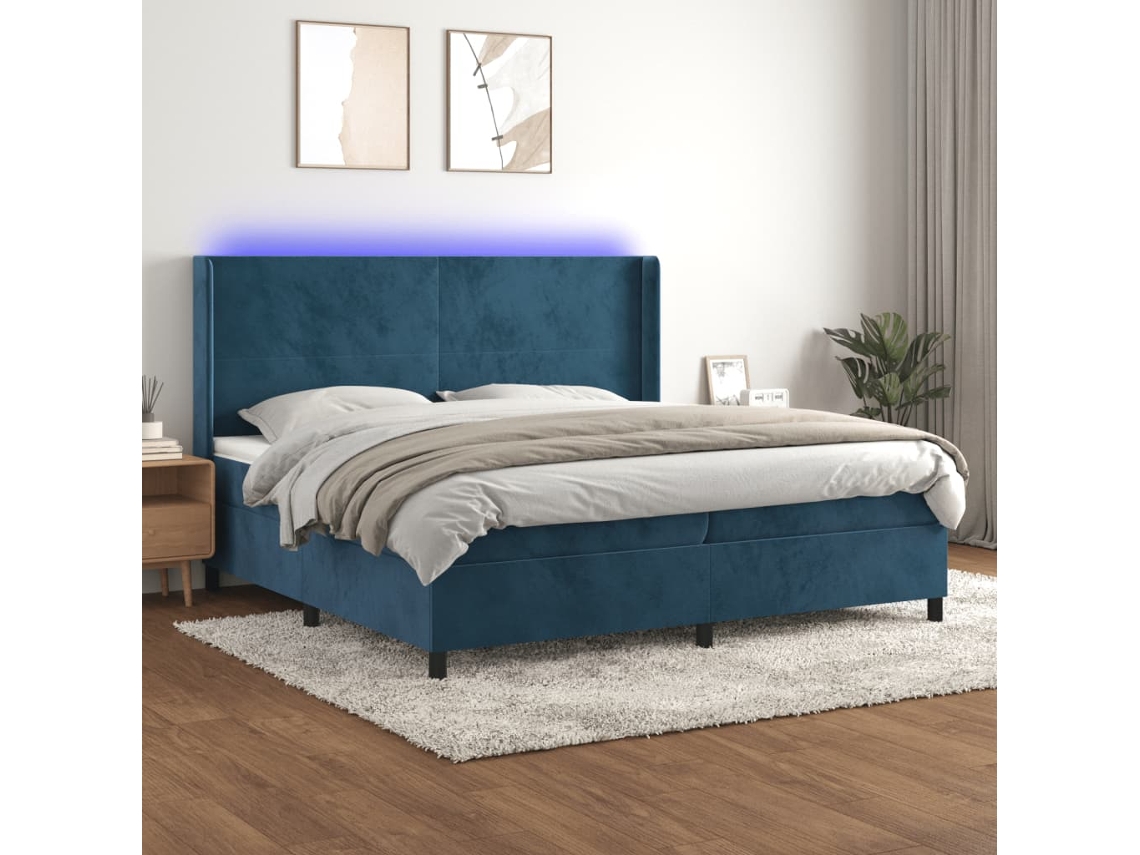 Cama Box Spring C/ Colchão/led 200x200 Cm Veludo Azul-escuro